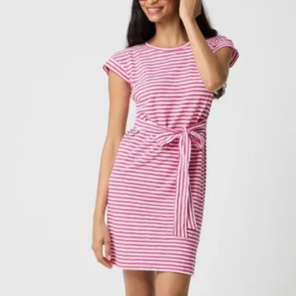 J Crew Tie Waist Mini Shirt Dress in Raspberry & White Stripes